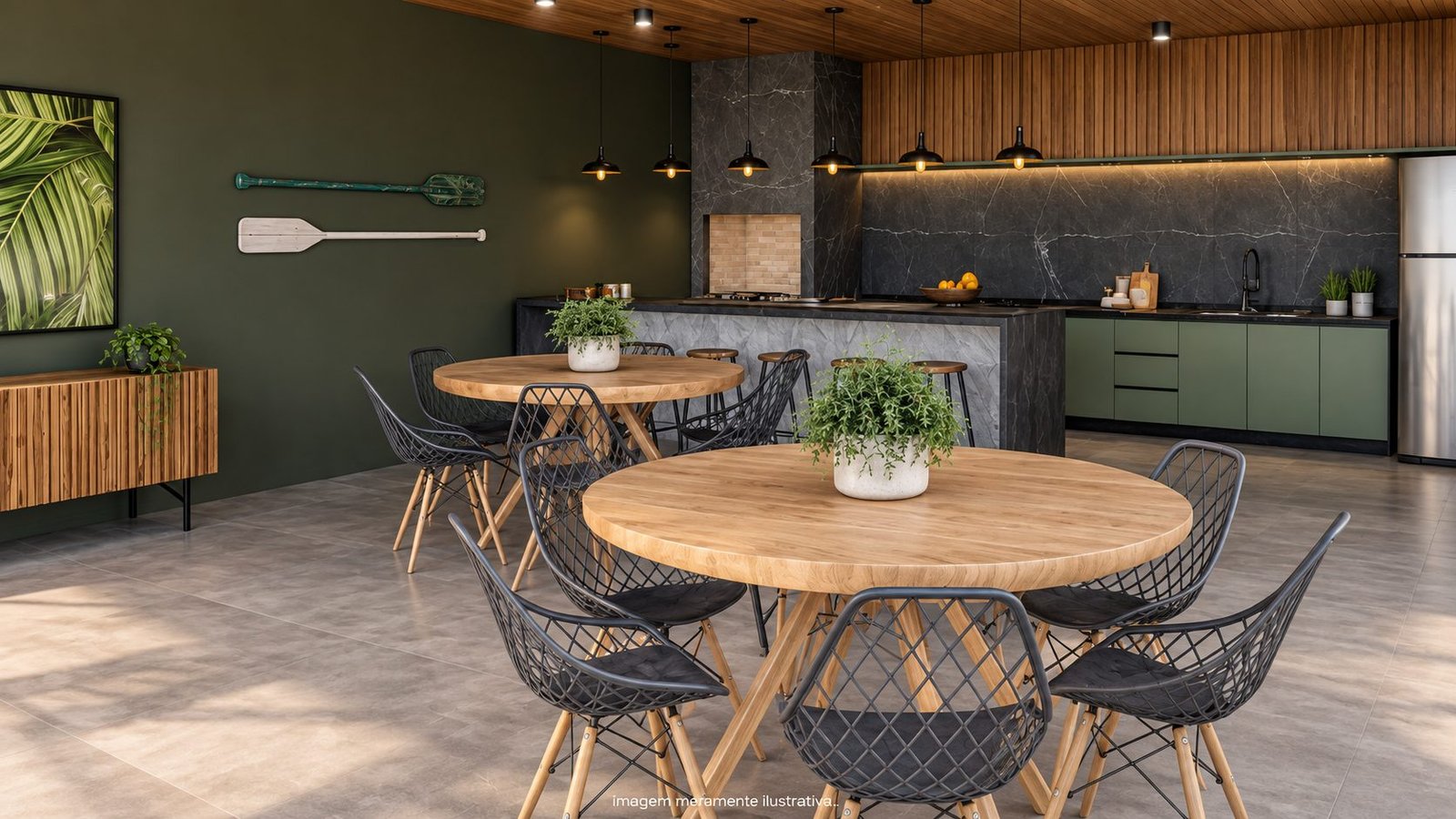 Espaço gourmet família com bancada e churrasqueira
