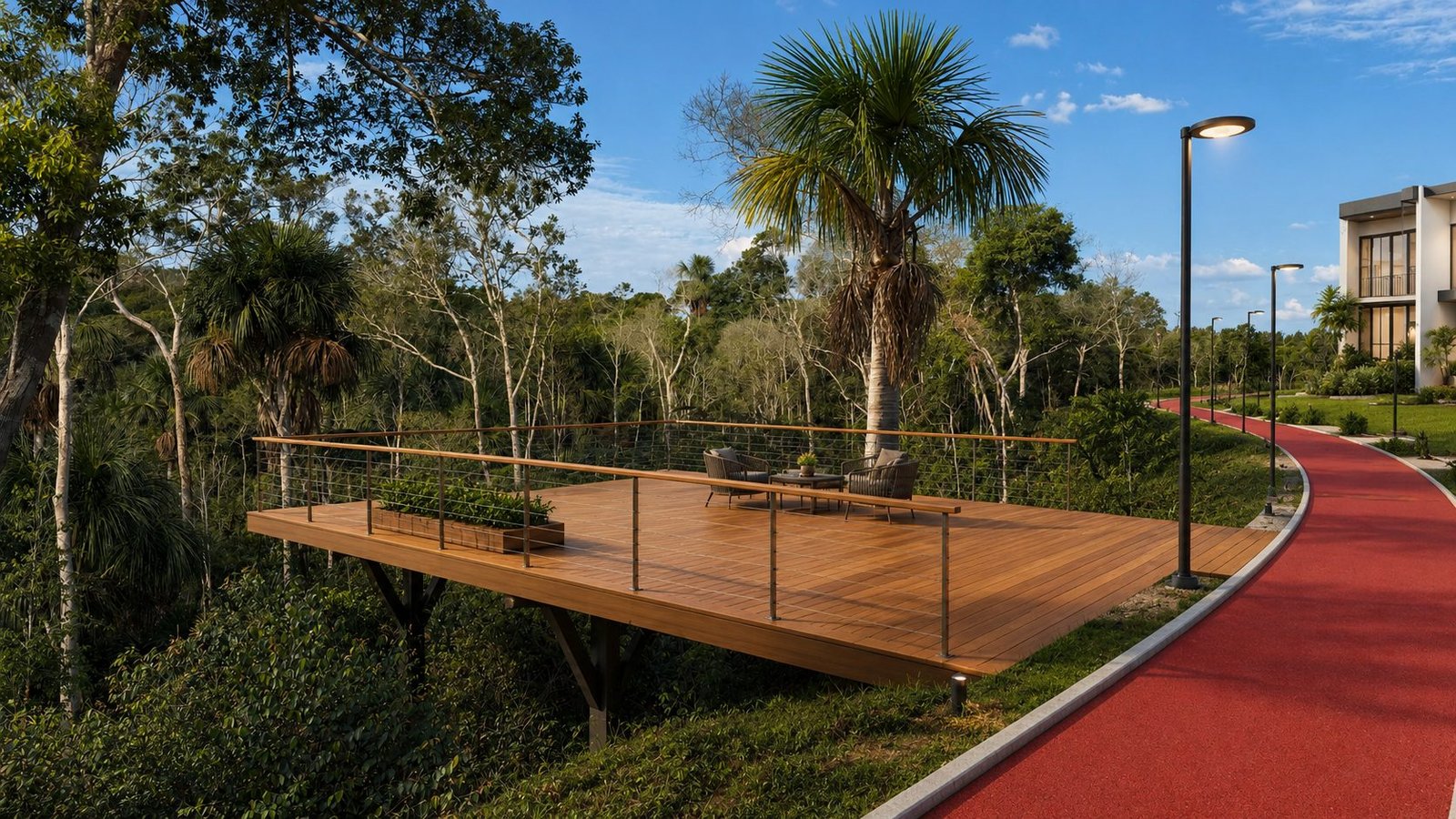 Pista de caminhada com deck mirante sobre a mata nativa do cinturão verde
