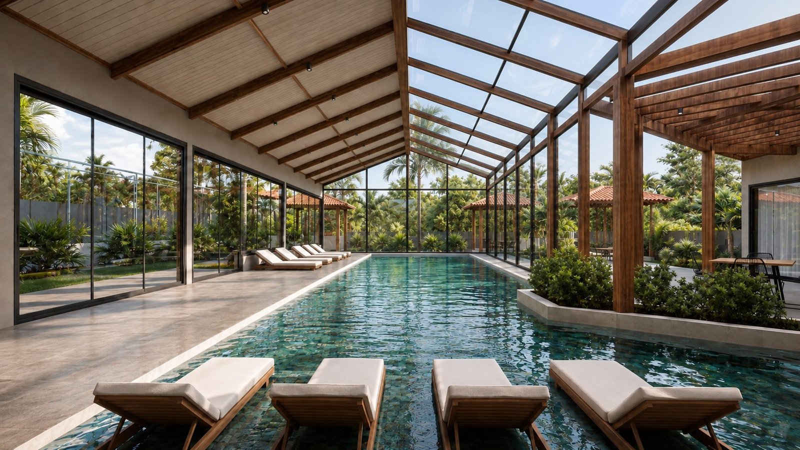Piscina coberta e aquecida com teto envidraçado